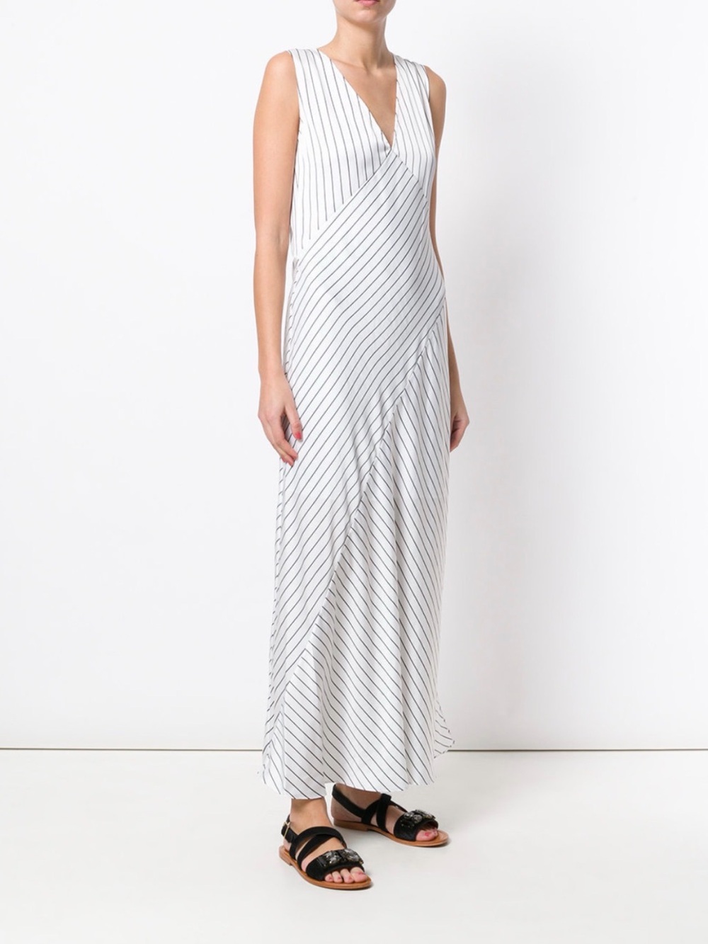 Theory Relaxed Slip Crushed Satin Stripe Maxi Dress White Black Minimalist Sz 0 - Picture 4 of 12